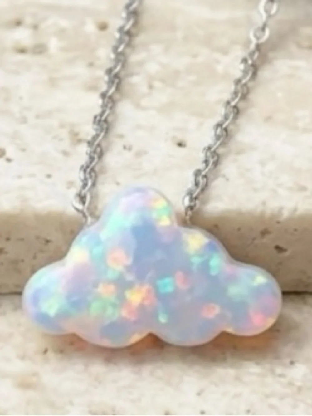 “White Opal Cloud” Rainbow Iridescent Glittery Cumulus Sky Weather 925 Necklace